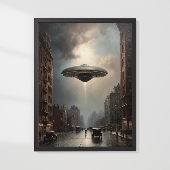 Ufo Over 1930s New York Rain Street Vintage Sci Fi Oil Painting Poster