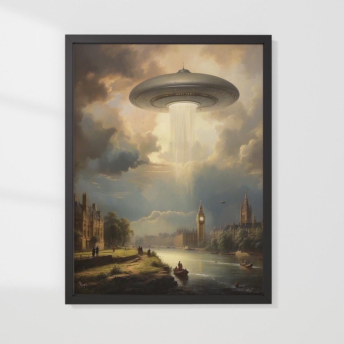 Ufo Over Victorian London Big Ben Oil Painting Sci Fi Vintage Poster