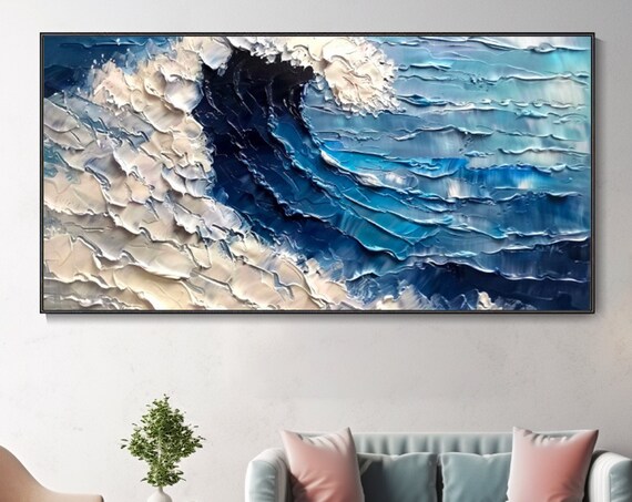 Blue White Abstract Ocean Wave Palette Knife Painting Textured 3D Art Poster