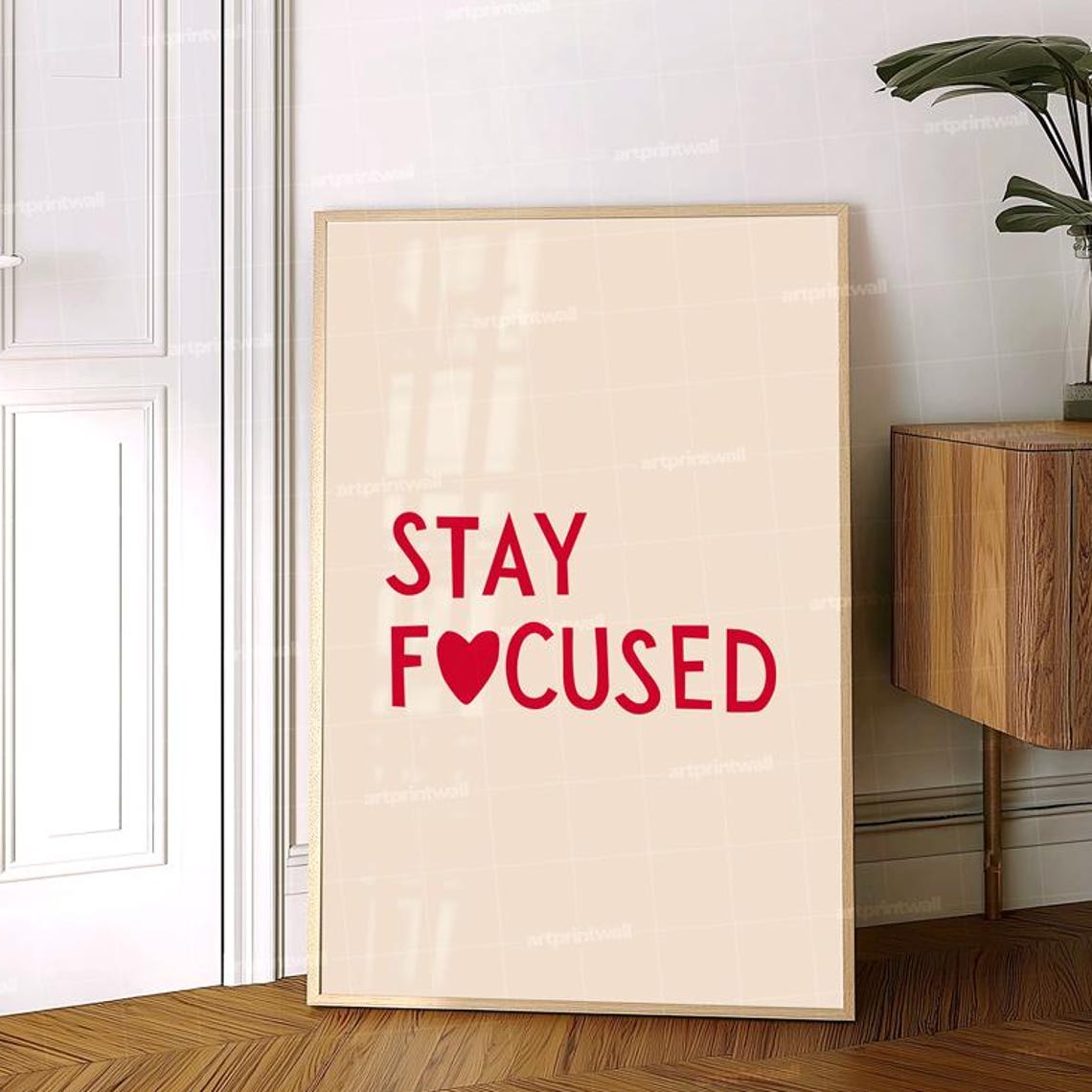 Stay Focused Red Heart Typography Motivational Beige Quote Poster