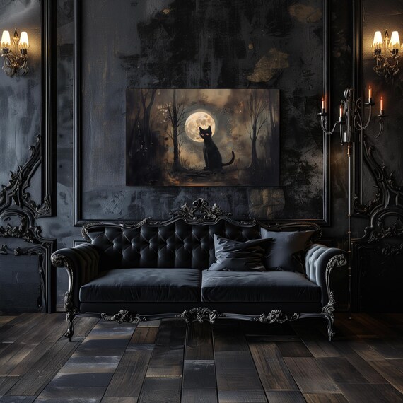 Black Cat in Moonlit Spooky Forest Gothic Halloween Art Poster