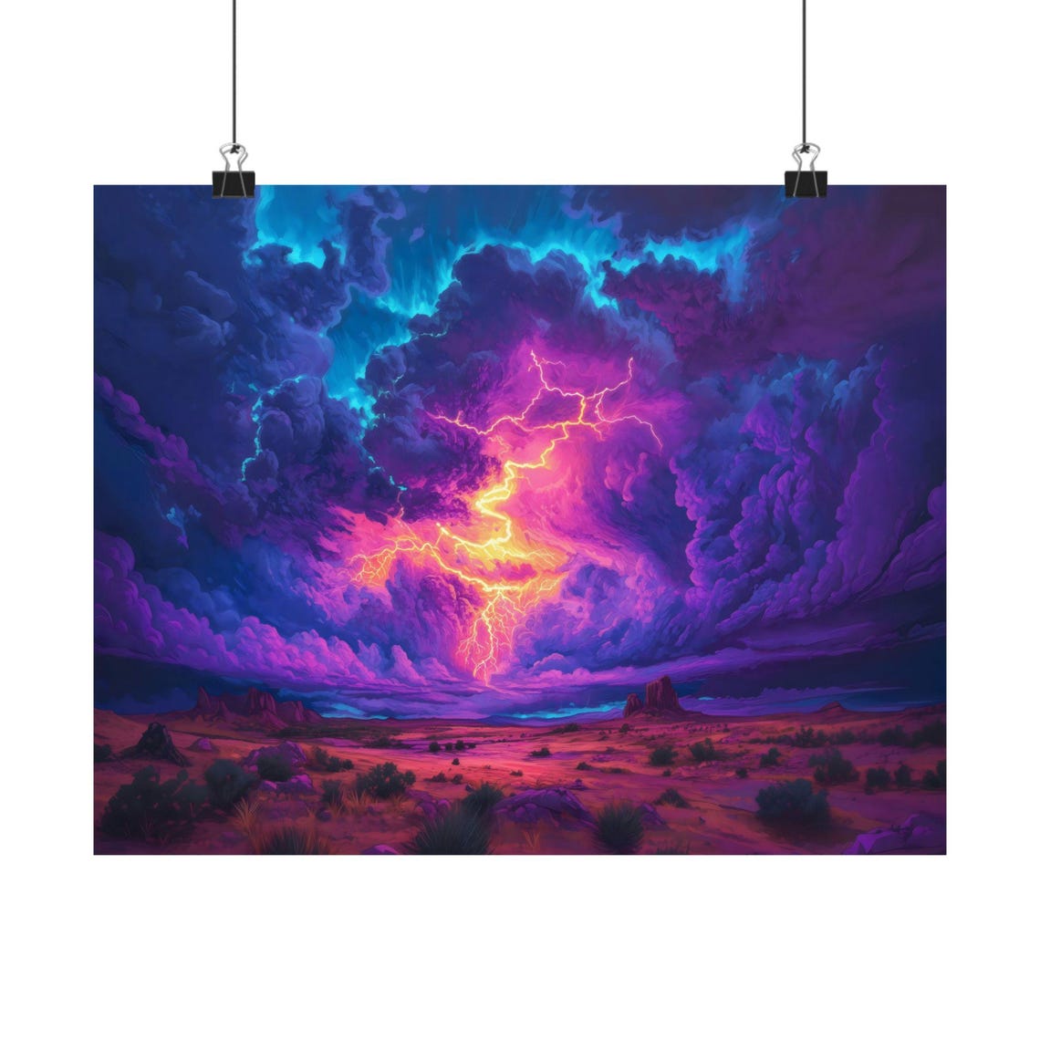 Neon Lightning Storm Raging Over Desert Mesas Landscape Poster