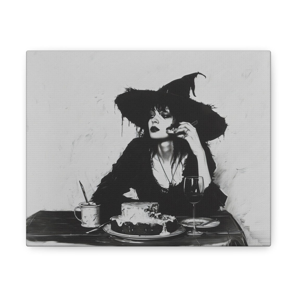 Black and White Witch with Cake Gothic Sketch Spooky Wall Poster - Image 2