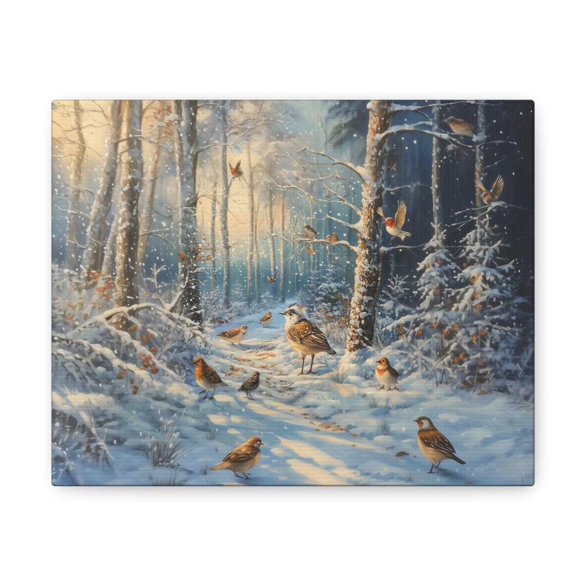 Winter Birds In Snowy Forest With Red Berries Morning Sunlight Bird Wall Art - Image 3