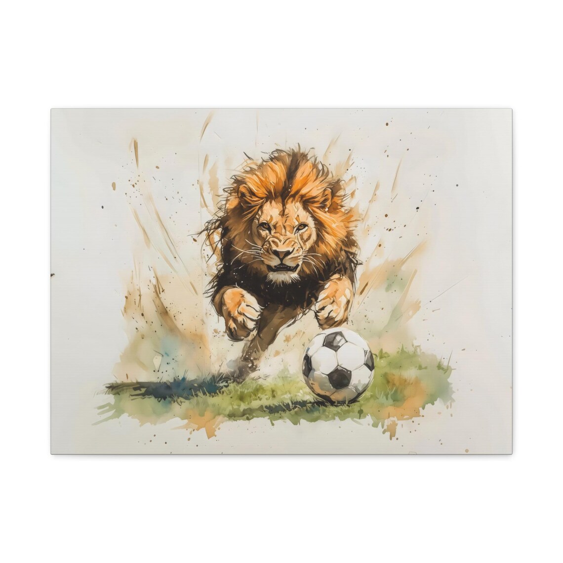 Lion Chasing Soccer Ball Watercolor Action Safari King Sports Poster - Image 3