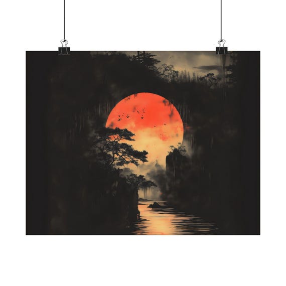 A Moonlit Night Poster Print Evening Landscape Modern Painting Fantasy Nature Rustic Bright Wall Print Airbnb Art Wall Decor