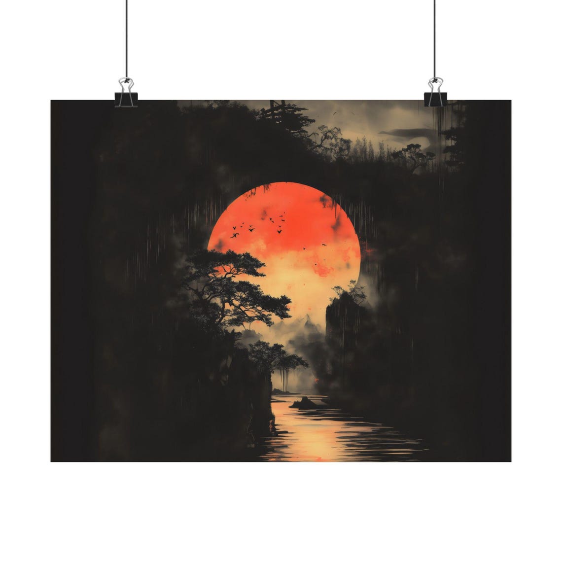Blood Red Moon Over Silhouetted Trees And Reflective River Poster
