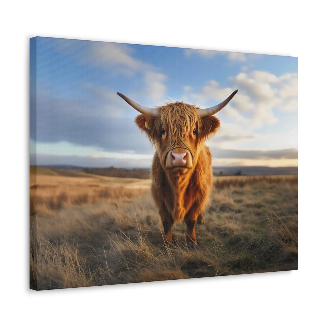 Shaggy Highland Cow Portrait in Sunny Grassland Morning Glow Poster