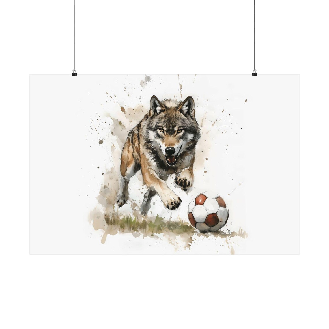 Wolf Soccer Player Watercolor Art Wild Dog Chasing Ball Sport Scene Poster - Image 3