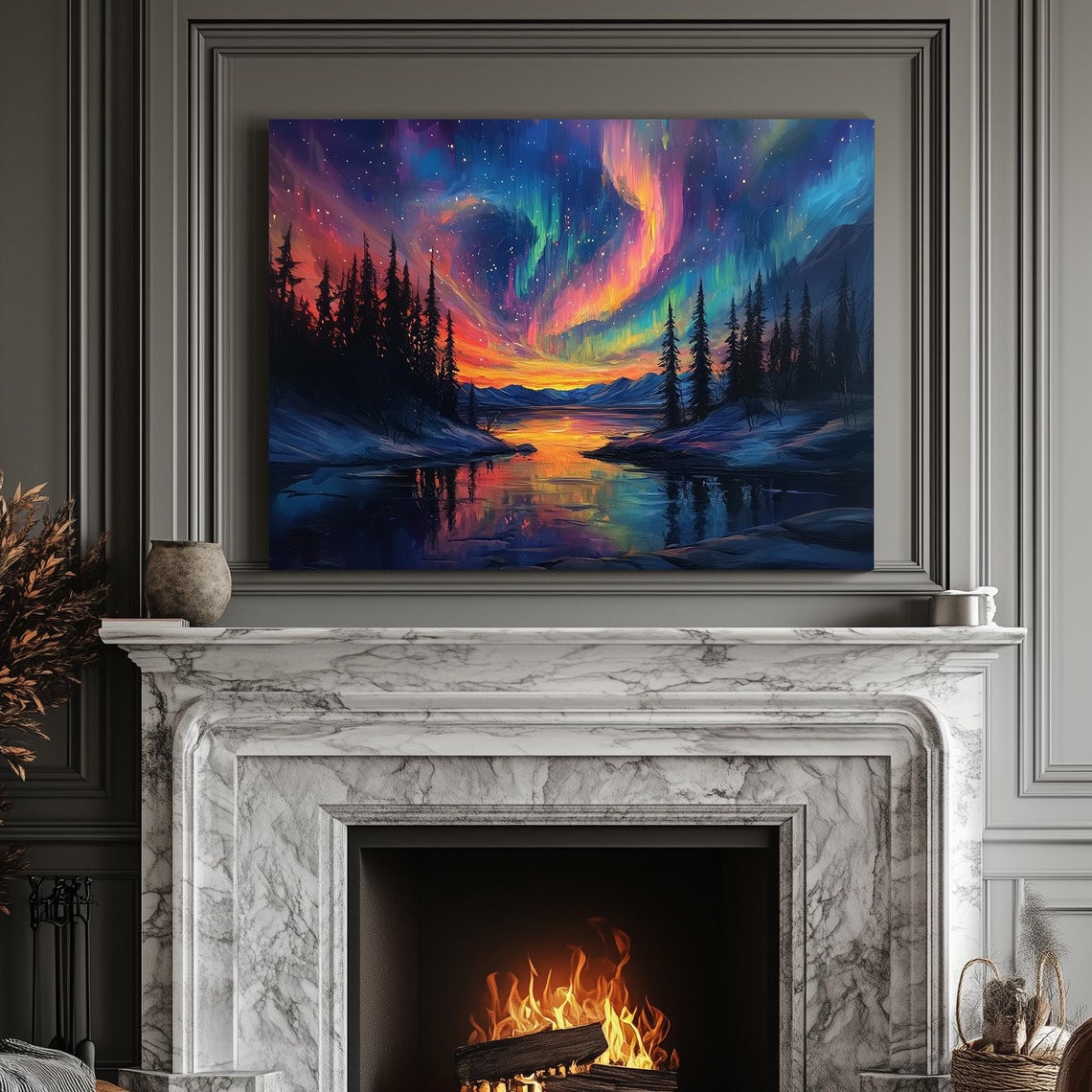 Northern Lights Rainbow Aurora Above Snowy Lake Landscape Print