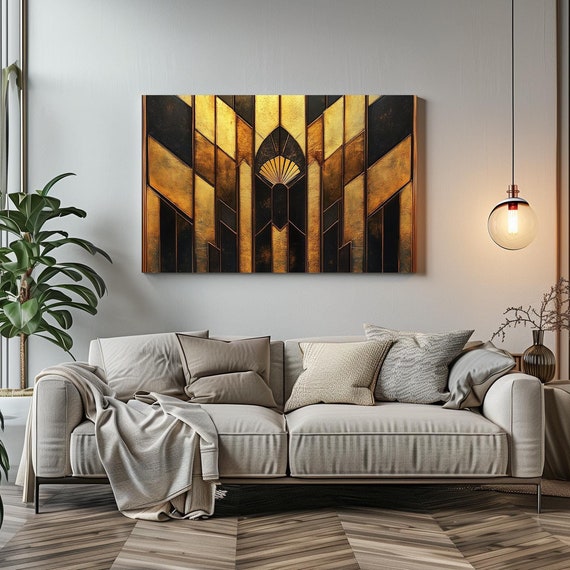 Sleek Black And Gold 1920s Art Deco Print Bold Statement Vibrant Metallic Look Geometric Colorful Shapes Zig Zags Rustic Art