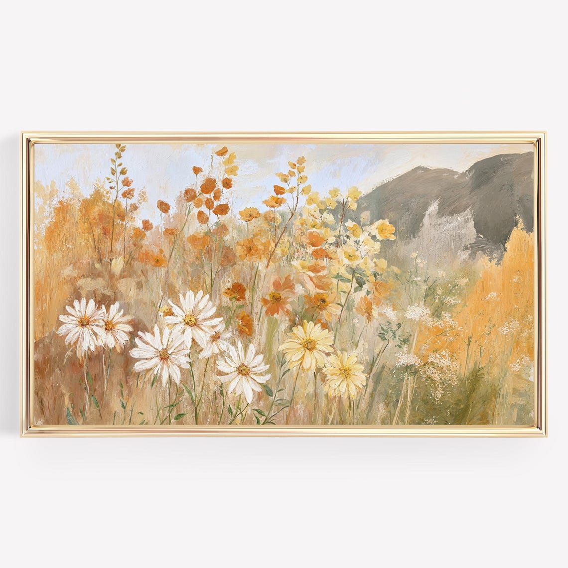 Golden Wildflower Meadow with Daisies Mountain Warm Art Poster