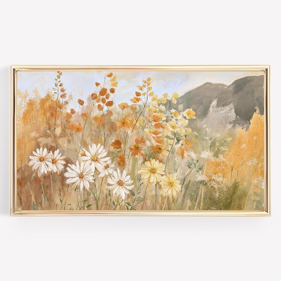 Golden Wildflower Meadow with Daisies Mountain Warm Art Poster