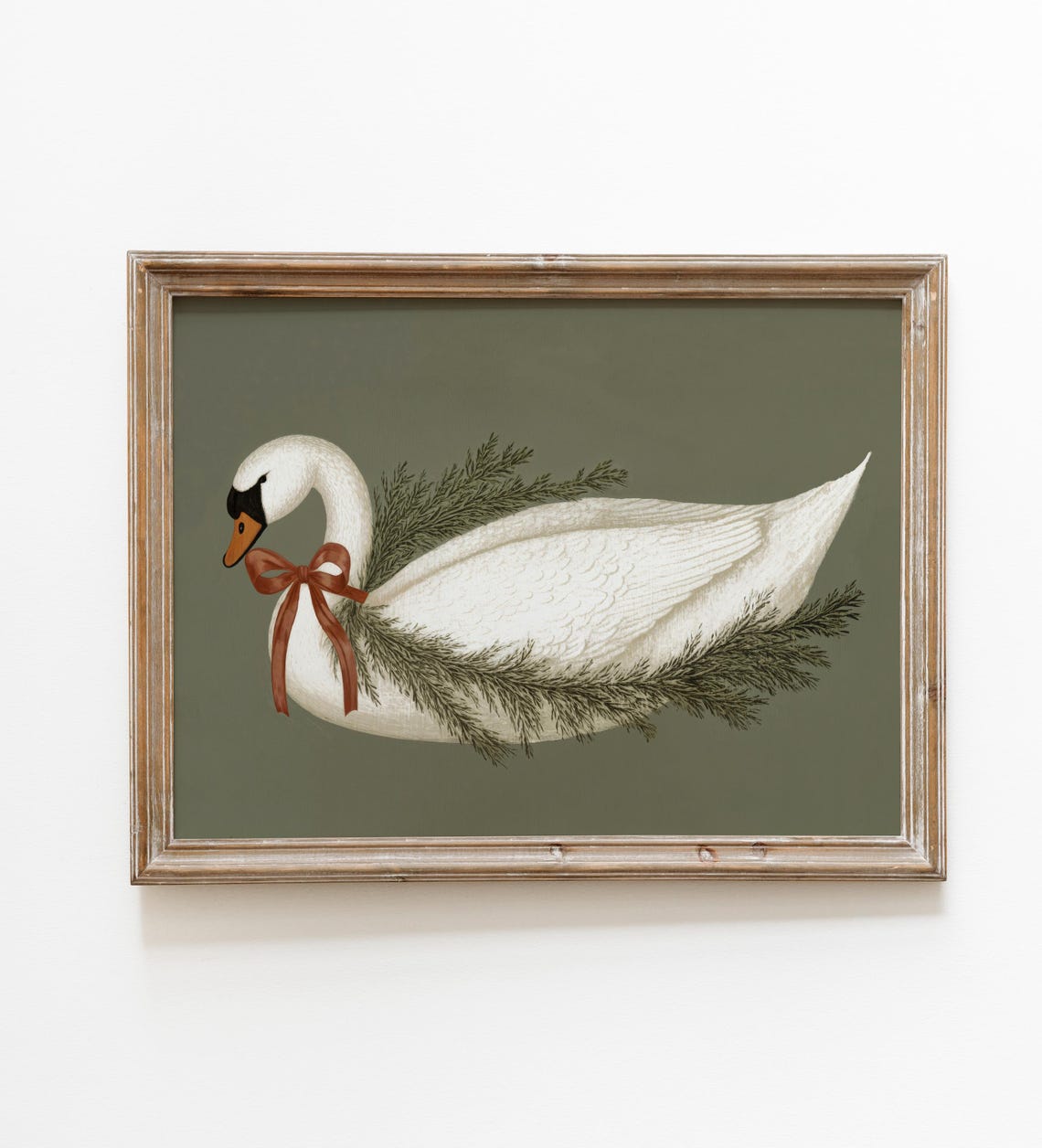 White Swan Pine Sprig Rust Bow Christmas Holiday Decor Poster