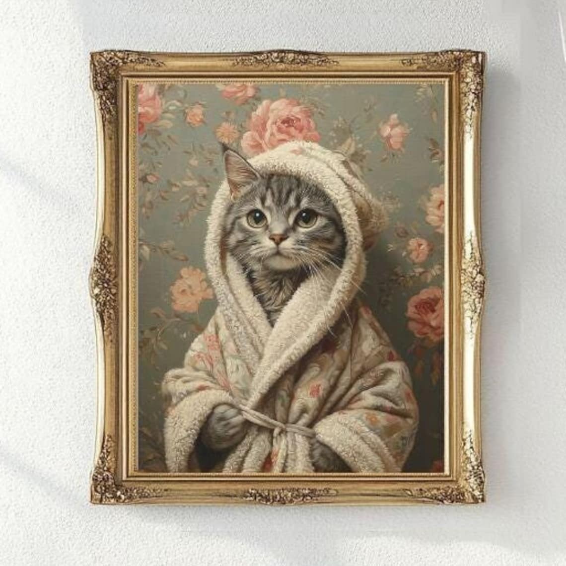 Gray Tabby Cat in Bathrobe, Cute Bathroom Poster Print