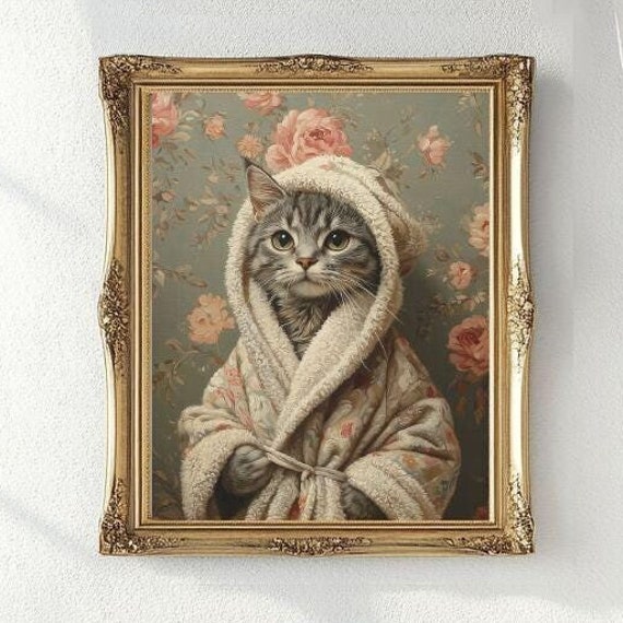 Gray Tabby Cat in Bathrobe, Cute Bathroom Poster Print