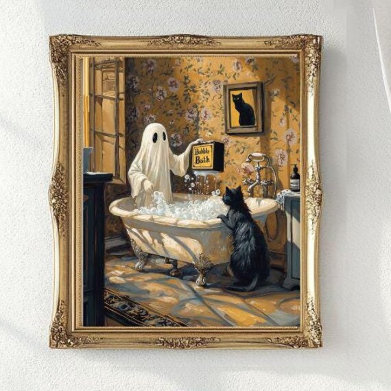 Ghost Pouring Bubble Bath for Black Cat Vintage Victorian Bathroom Poster