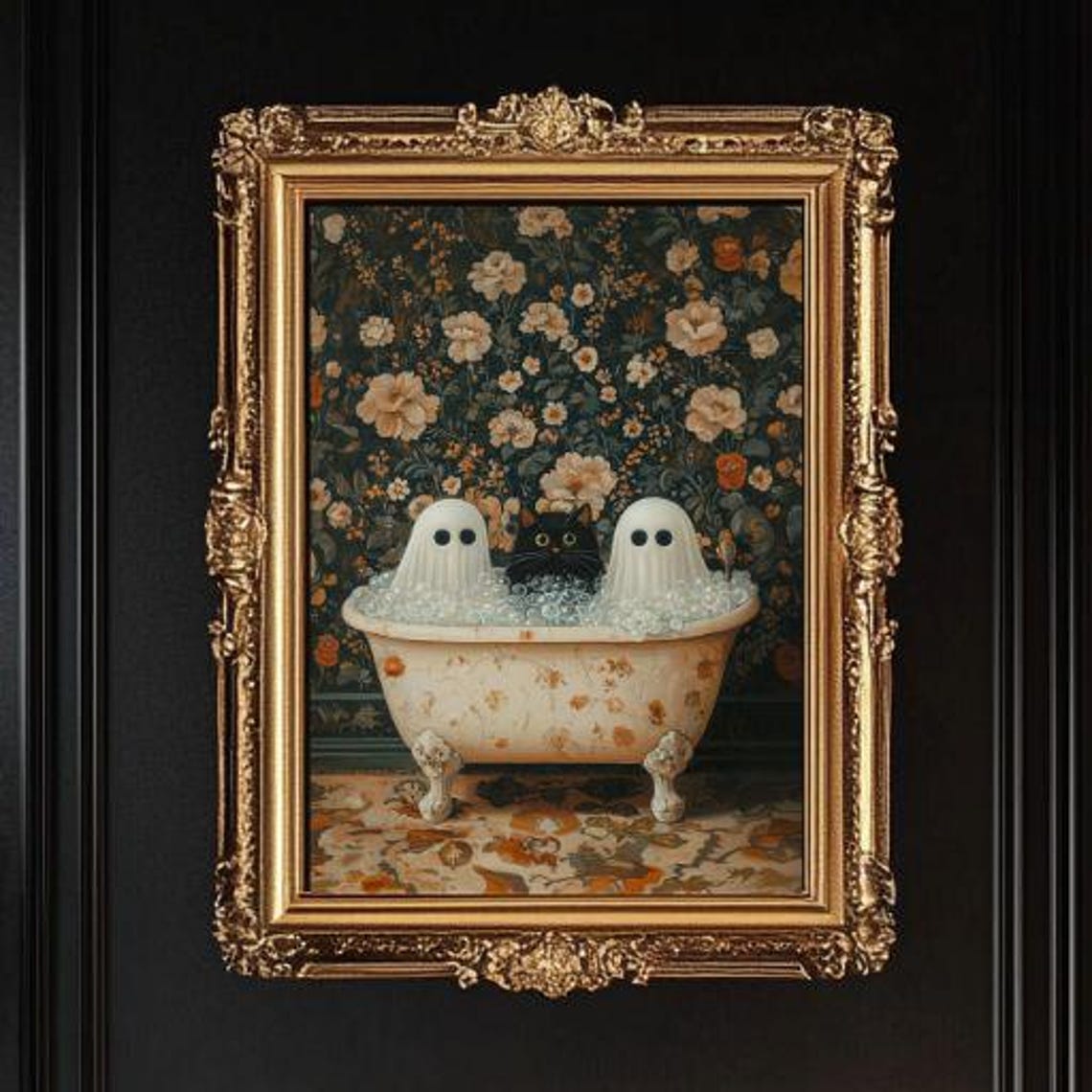Ghosts and Black Cat Bubble Bath Ornate Vintage Halloween Poster