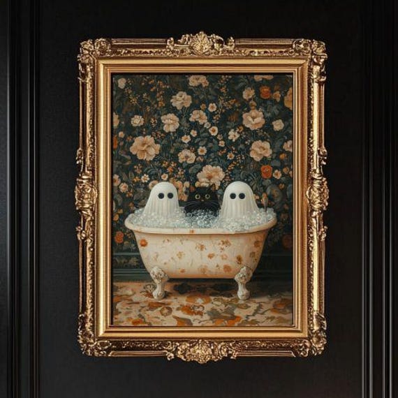 Ghosts And Cat In Bathtub Spooky Bubblebath Halloween Art Black Print Whimsigoth Bathroom Decor Unframed