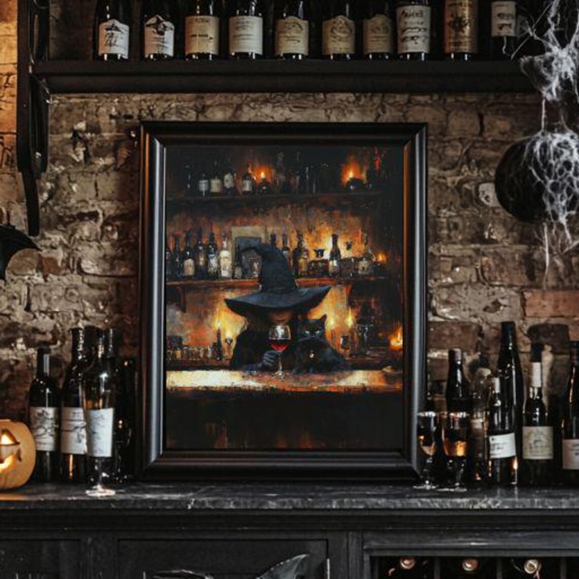 Witch and Black Cat Bar Poster, Whimsigoth Halloween