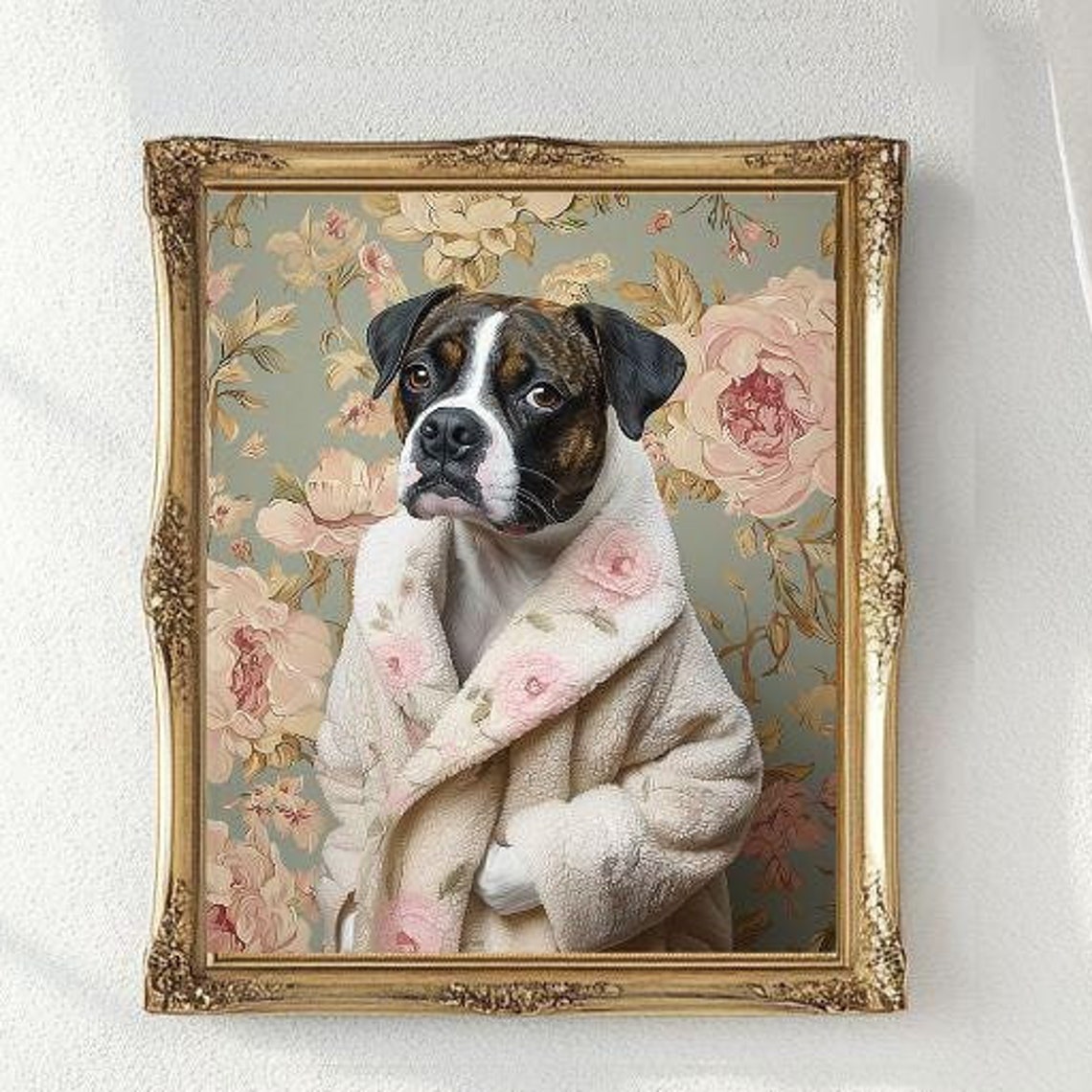Boxer Dog Wearing a Cozy Floral Bathrobe Funny Dog Portrait Poster - Image 7