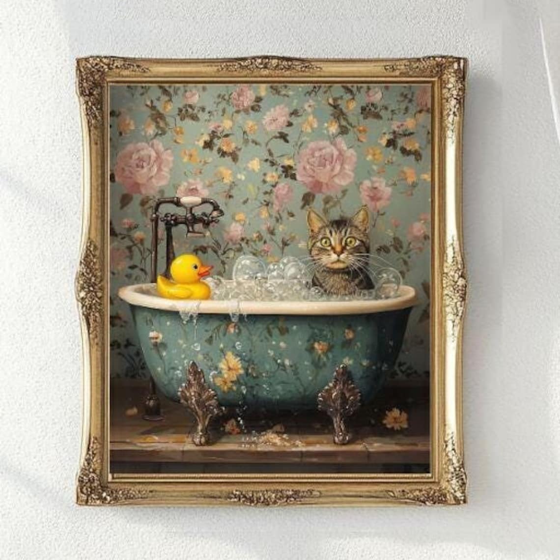 Gray Tabby and Rubber Duck Bubble Bath Art Print