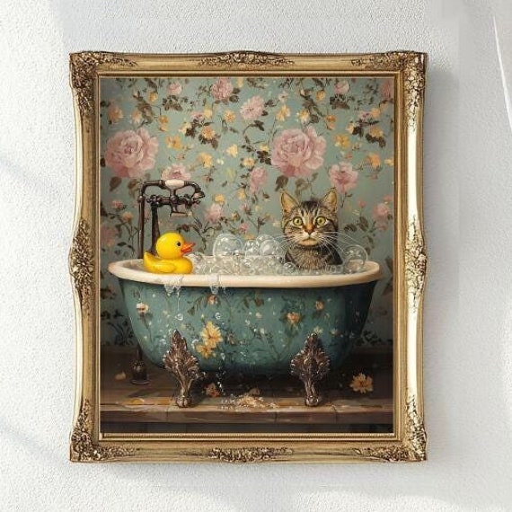 Gray Tabby and Rubber Duck Bubble Bath Art Print