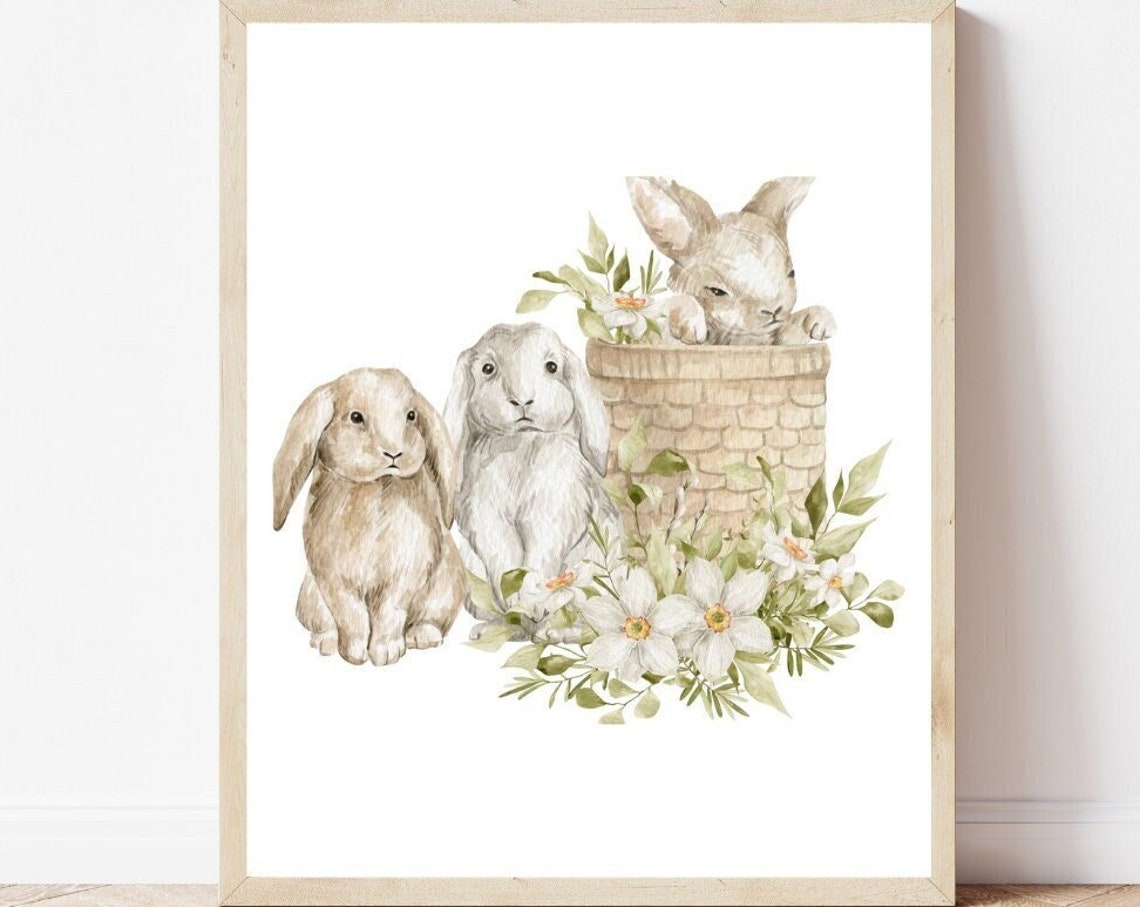 Cute Bunny Trio Watercolor Spring Flowers Easter Nursery Poster