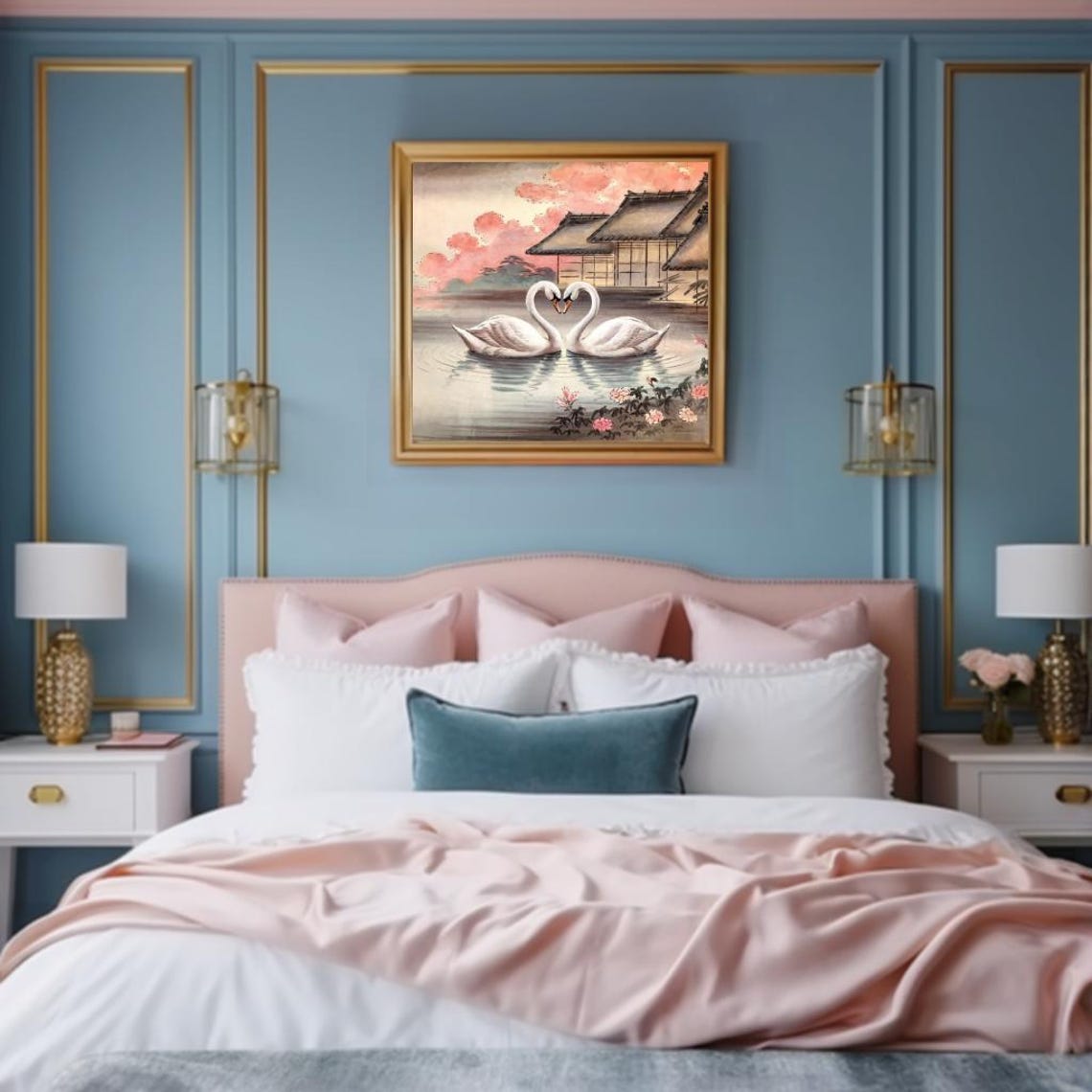 Two Swans Before Japanese Rooftops At Sunset Nihonga Style Poster - Image 3