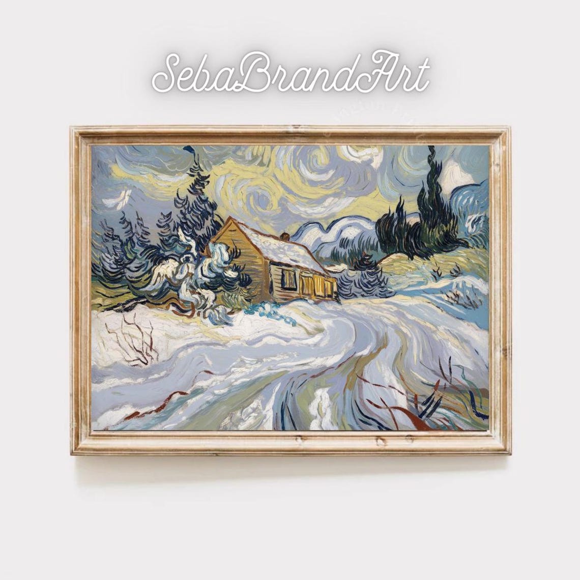 Van Gogh Inspired Snowy Cabin Under Swirling Winter Clouds Poster