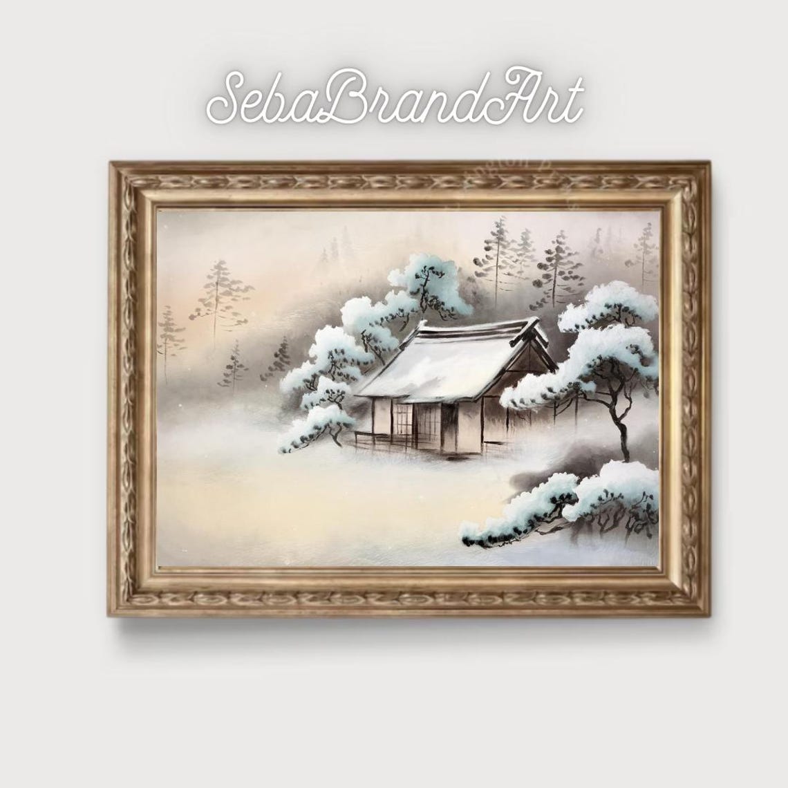 Japanese Nihonga Snow Covered Cottage In A Misty Winter Forest Poster - Image 2