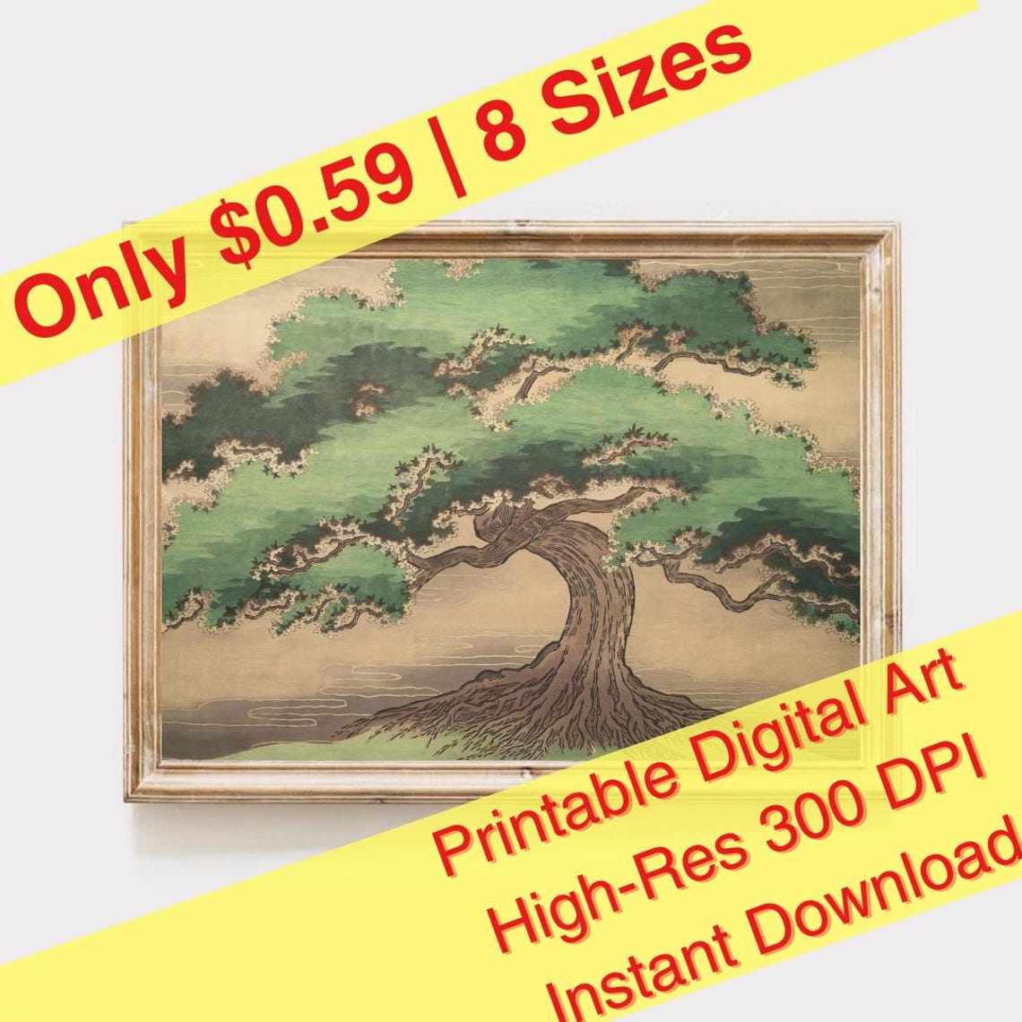 Majestic Green Pine Tree Japanese Ink Style Botanical Art Poster