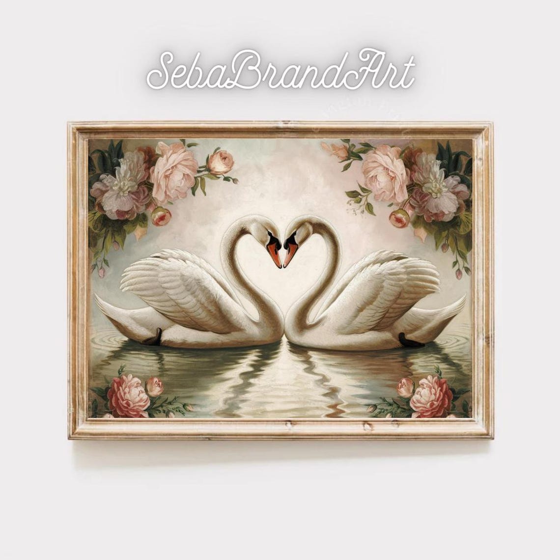 Two Swans Forming Heart With Raised Wings Romantic Floral Art Poster