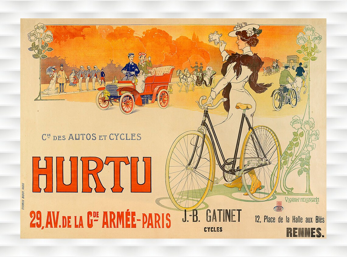 Hurtu French Bicycle Art Nouveau Belle Epoque Paris Street Poster