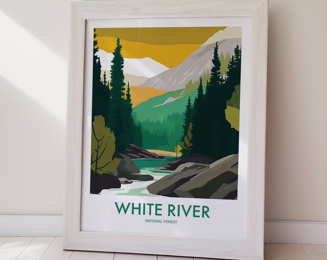 White River National Forest Mountain Stream Pines Golden Art Poster - Image 2