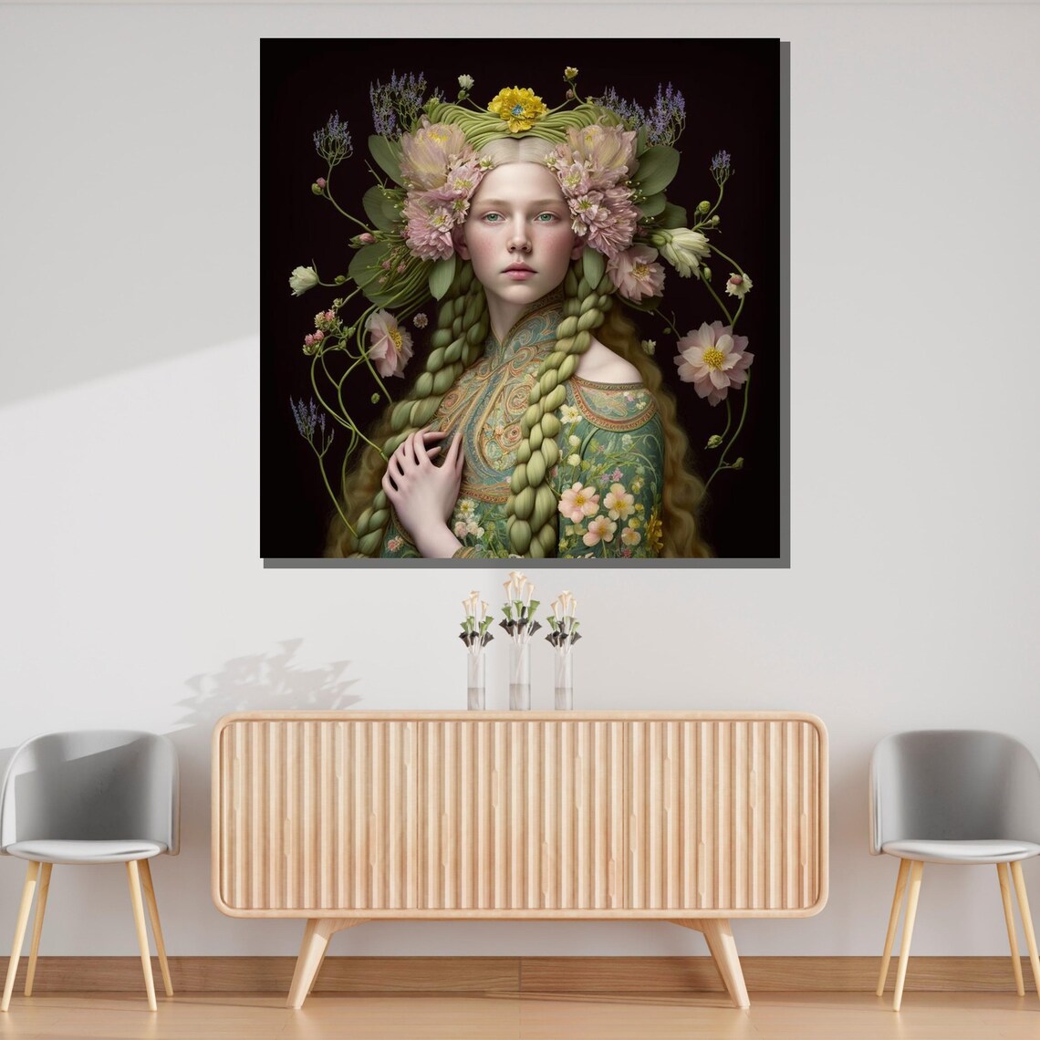 Floral Goddess Ethereal Woman Braided Hair Fantasy Botanical Art Print - Image 3