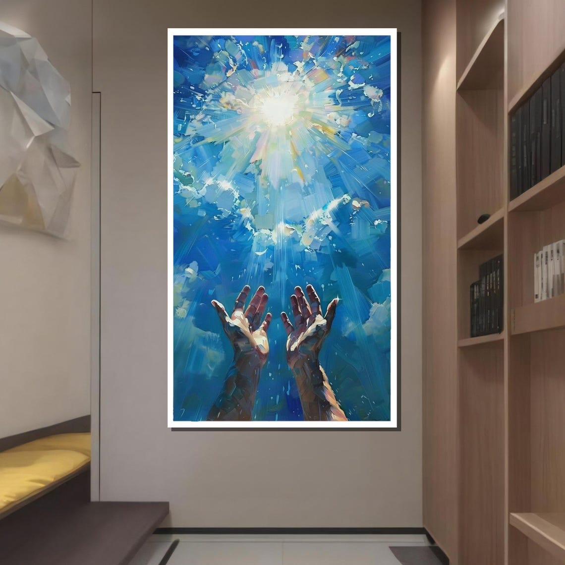 Reaching For Light Uplifting Abstract Art Inspirational Hands Wall Print Radiant Sky Decor Ready To Hang Decoration - Image 2