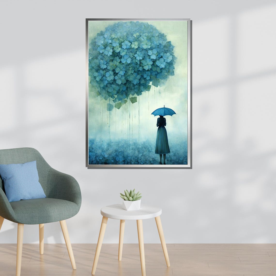 Dreamy Blue Hydrangea Blossoms Woman With Umbrella Serene Art Poster - Image 3