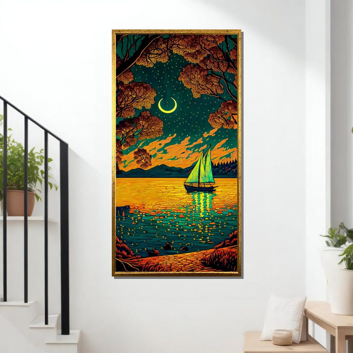 Moonlit Sailing Night Crescent Moon Golden Lake Nautical Art Poster - Image 2