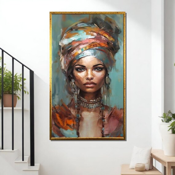 Regal African Woman Portrait Ethnic Beauty Colorful Headwrap Art Afrocentric Wall Decor Ready To Hang