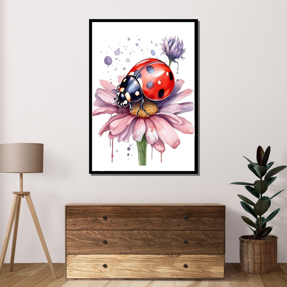Ladybug On Flower Whimsical Insect Art Floral Nature Print Cute Bug Poster Wall Art Design Ready To Hang Decoration - Image 4