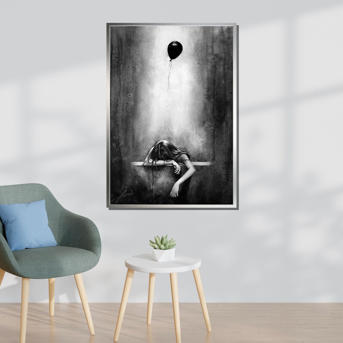 Melancholy Girl Black Balloon Lonely Figure Dark Forest Art Print - Image 3
