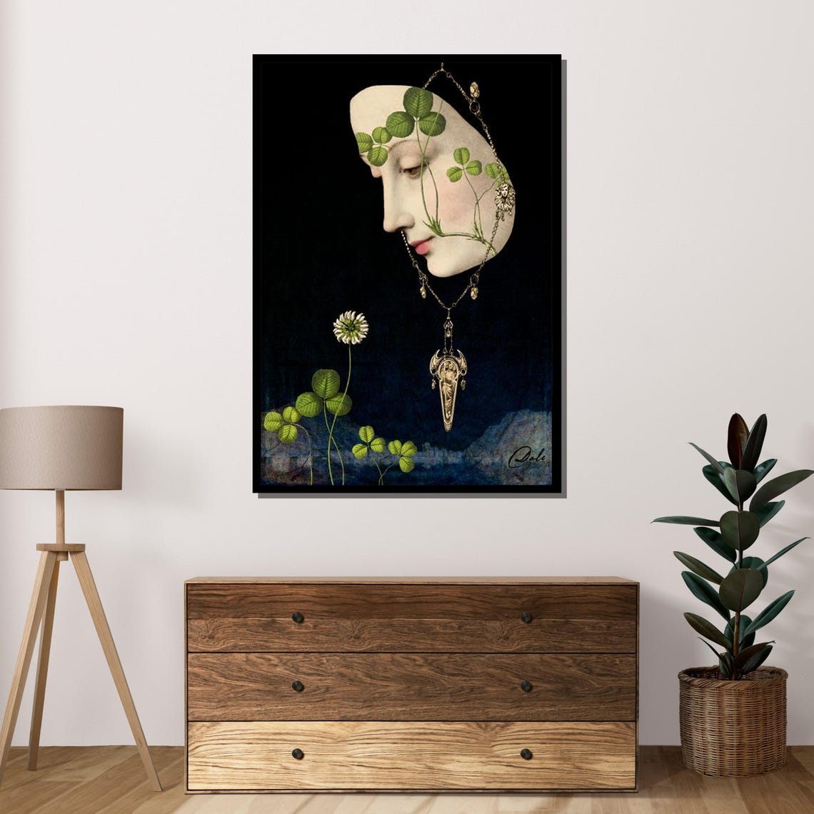 Enigmatic Clover Face Surreal Botanical Profile Pendant Art Print - Image 4