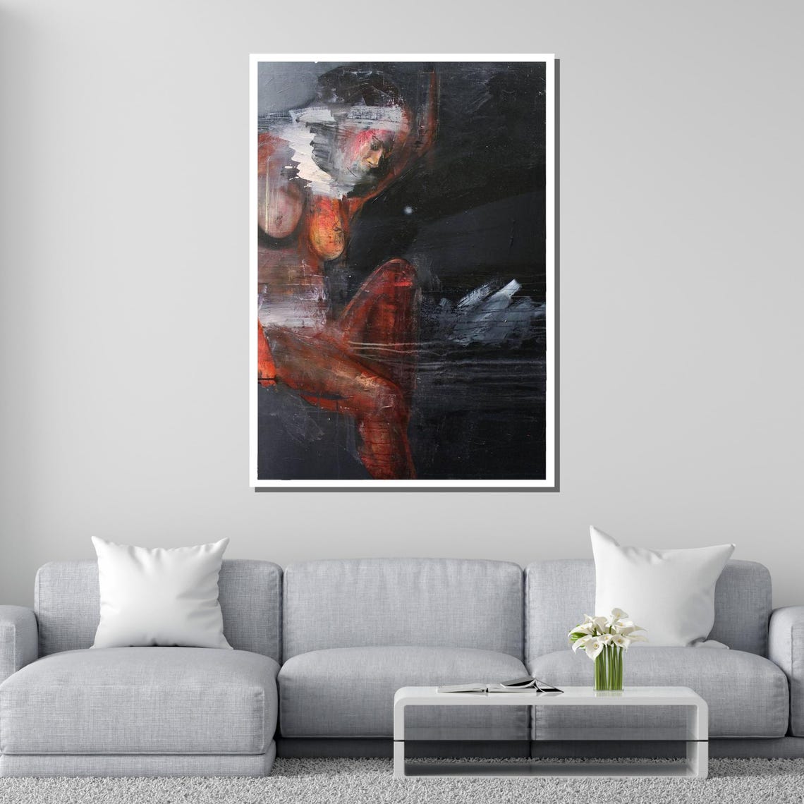 Dark Contemplative Nude Expressionist Red Black Figure Art Poster - Image 4