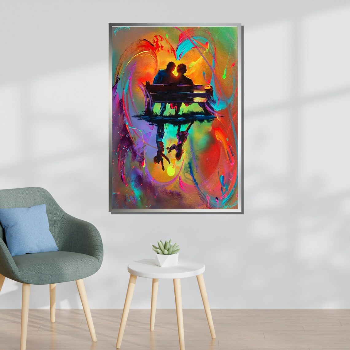 Romantic Couple On Bench At Sunset Colorful Abstract Love Wall Poster - Image 3