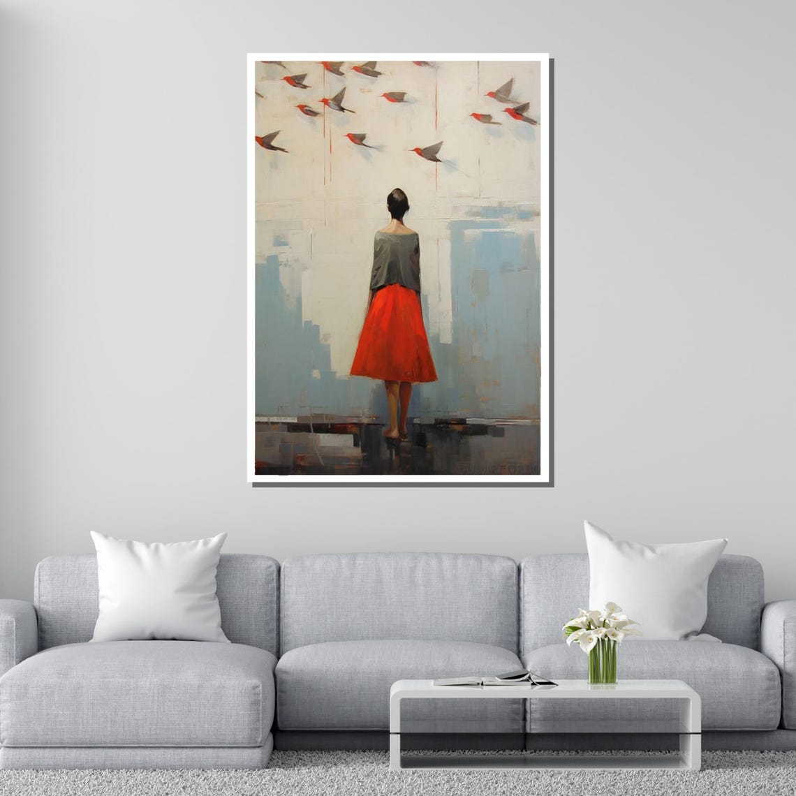 Woman In Red Skirt With Birds Minimalist Figurative City Art Poster - Image 2