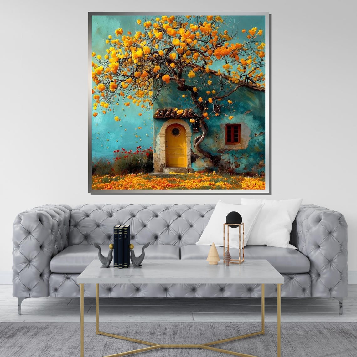 Dreamy Turquoise Cottage Yellow Blossom Tree Rustic House Art Poster - Image 3
