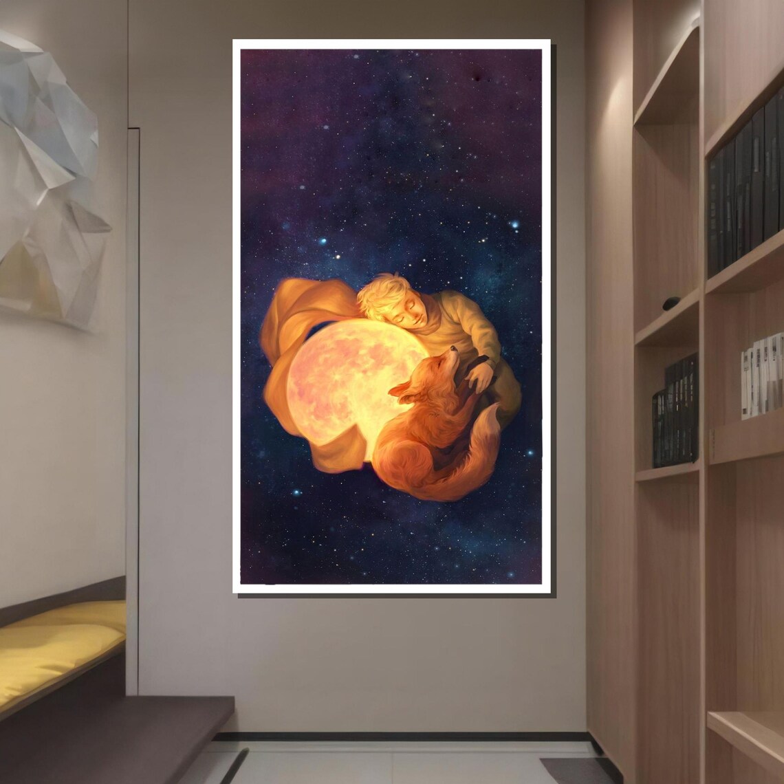 Moonlit Boy And Fox Sleeping Under Starry Night Sky Fantasy Wall Poster - Image 2