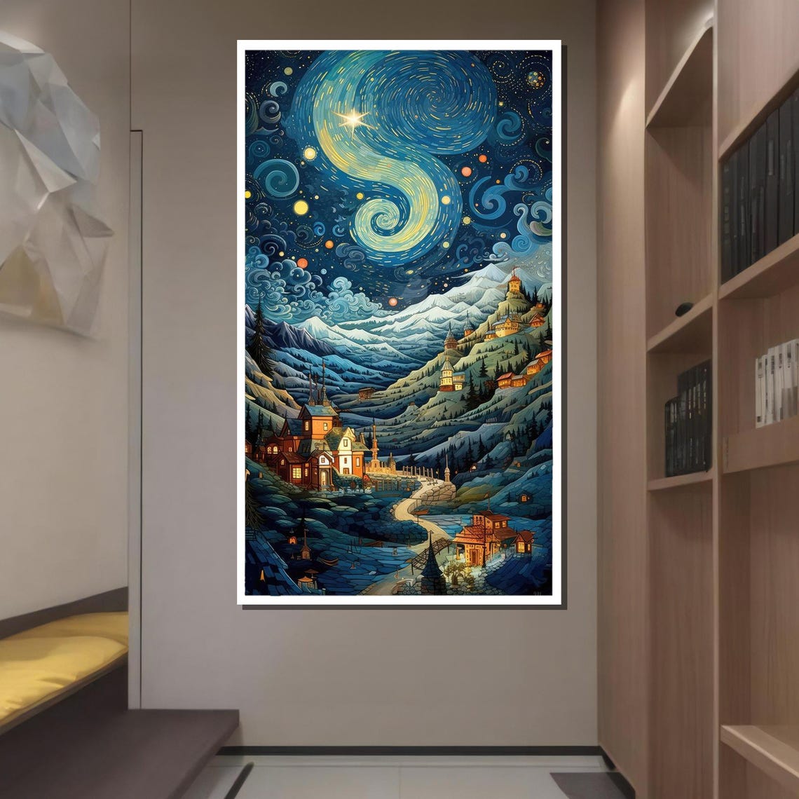 Starry Mountain Village Whimsical Night Sky Art Starry Night Print Enchanting Wall Decor Ready To Hang - Image 2