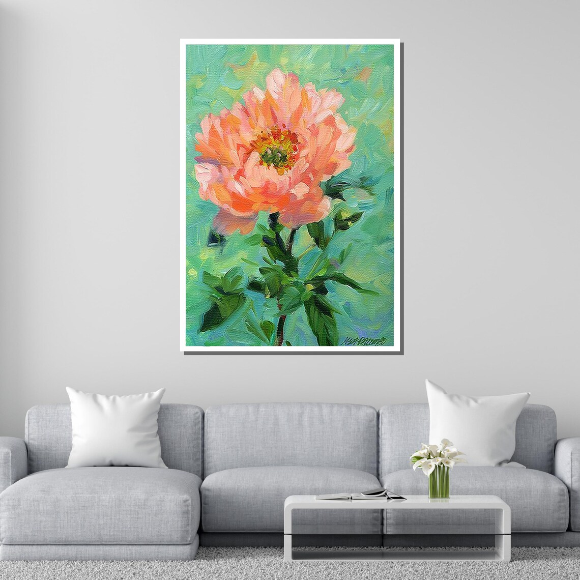 Pink Peony Bloom Impasto Floral Painting Coral Flower Botanical Poster - Image 4